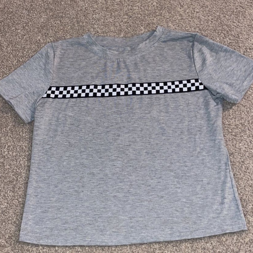 Grey T Shirt with Checkered Stripe